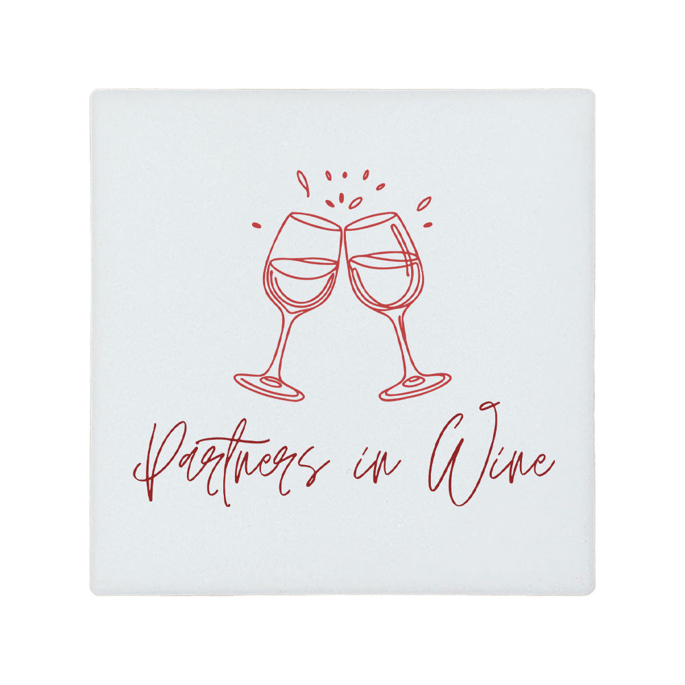 Square ceramic coaster featuring the funny quote "Partners in wine" in crisp burgundy lettering with a wine glasses illustration.