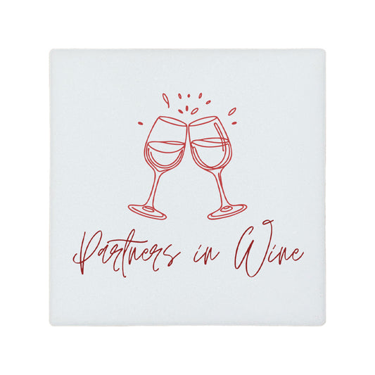 Square ceramic coaster featuring the funny quote "Partners in wine" in crisp burgundy lettering with a wine glasses illustration.