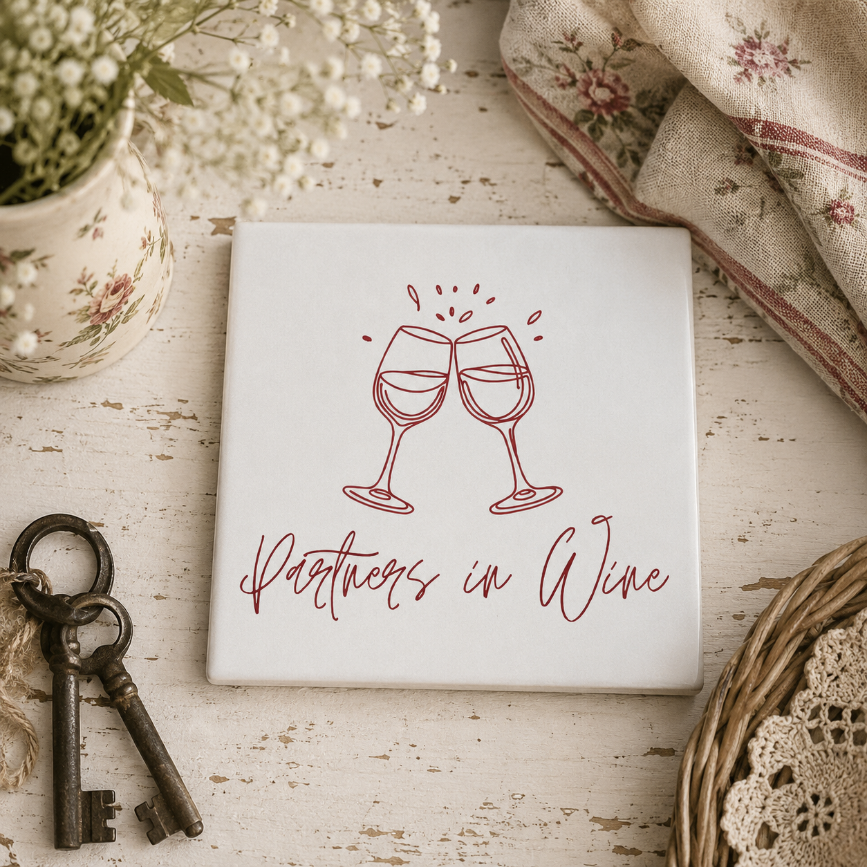 Square ceramic coaster featuring the funny quote "Partners in wine" in crisp burgundy lettering with a wine glasses illustration, on a wooden surface with table linens and flowers.