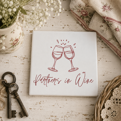 Square ceramic coaster featuring the funny quote "Partners in wine" in crisp burgundy lettering with a wine glasses illustration, on a wooden surface with table linens and flowers.