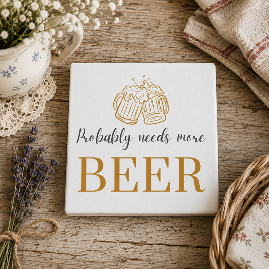 Square ceramic coaster featuring the funny quote "Probably needs more beer" in crisp grey and gold lettering with a beer glasses illustration, on a wooden table.