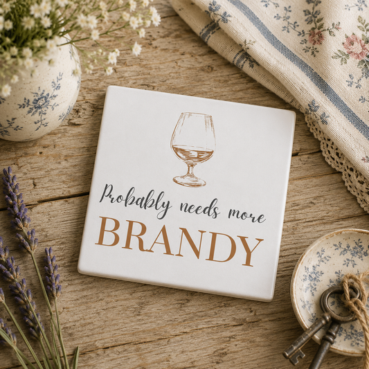Square ceramic coaster featuring the funny quote "Probably needs more brandy" in crisp grey and brown lettering with a brandy glass illustration, on a wooden table.