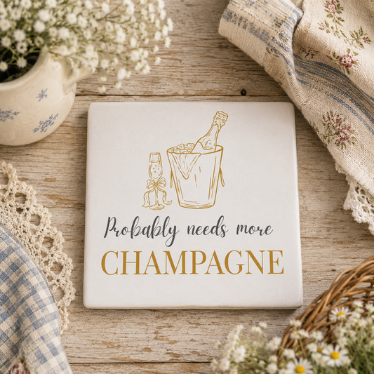 Square ceramic coaster featuring the funny quote "Probably needs more champagne" in crisp grey and gold lettering with a champagne bottle illustration, on a wooden table.