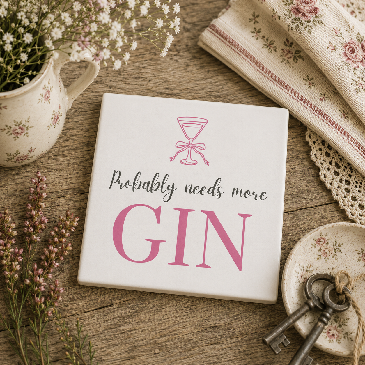 Square ceramic coaster featuring the funny quote "Probably needs more gin" in crisp grey and pink lettering with a gin glass illustration, on a wooden table. 