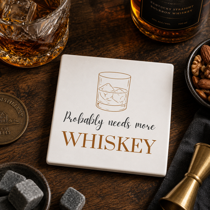 Square ceramic coaster featuring the funny quote "Probably needs more whiskey" in crisp grey and brown lettering with a whiskey glass illustration, on a wooden surface with a whiskey glass and bottle.