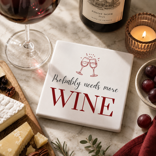Square ceramic coaster featuring the funny quote "Probably needs more wine" in crisp grey and burgundy lettering with a wine glass illustration, on a marble surface with wine, cheese and grapes.