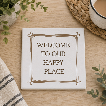 Square ceramic coaster featuring the quote "Welcome to our happy place" in neutral toned lettering with a cute bow border, on a wooden table with cup of tea and table linens.