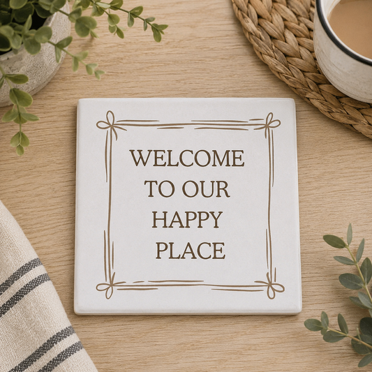 Square ceramic coaster featuring the quote "Welcome to our happy place" in neutral toned lettering with a cute bow border, on a wooden table with cup of tea and table linens.