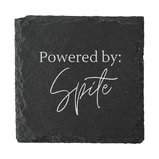 Black slate coaster with 'Powered by: Spite' text on a white background
