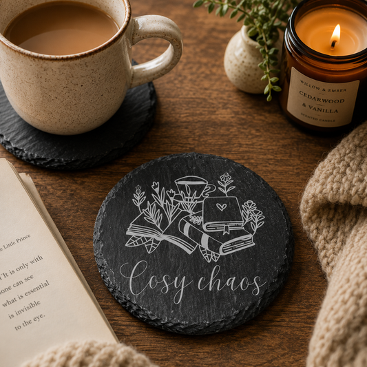 Round slate coaster with 'cosy chaos' text on a wooden table with mug of tea, books and a candle.