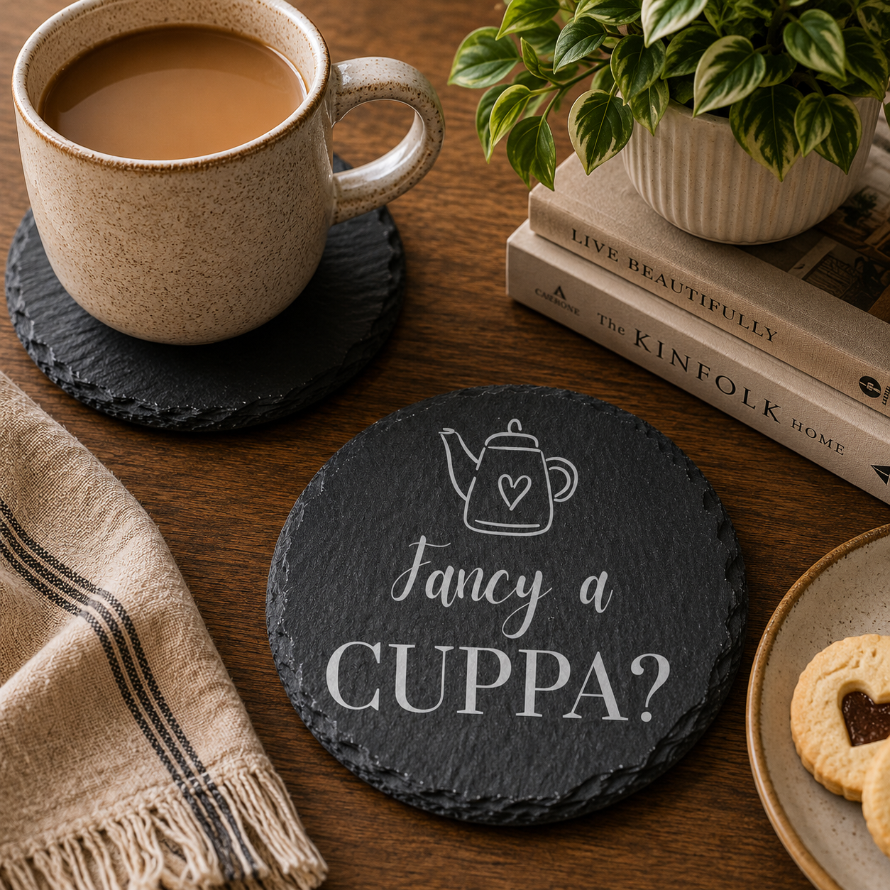 Round slate coaster reading 'Fancy a CUPPA?' on a wooden table with books and a cup of tea.