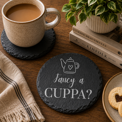 Round slate coaster reading 'Fancy a CUPPA?' on a wooden table with books and a cup of tea.