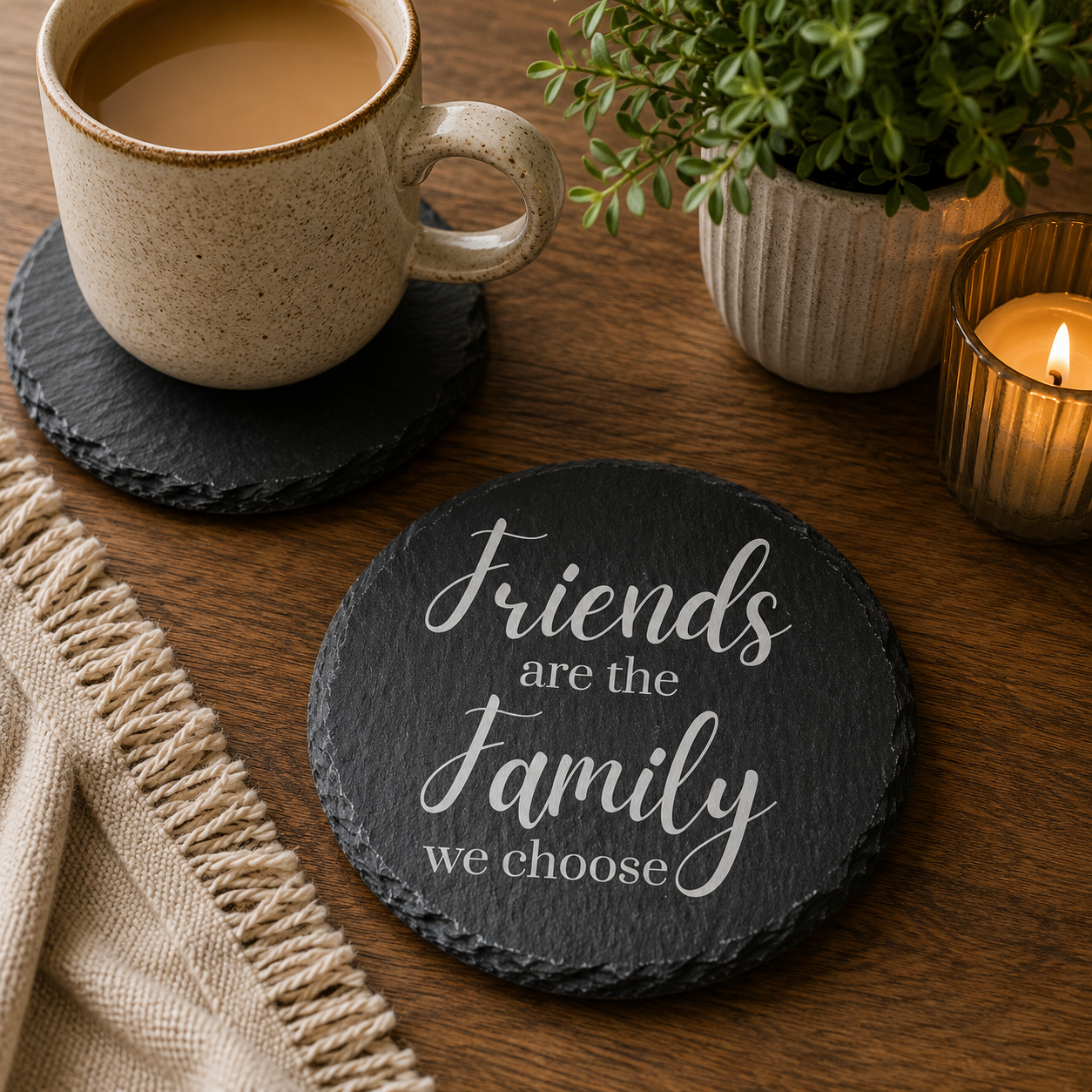 Round slate coaster with 'Friends are the family we choose' text on a wooden table with a cup of coffee and plant.