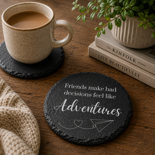Round slate coaster with the quote 'fiends make bad decisions feel like adventures' on a wooden table with mug of tea and books.