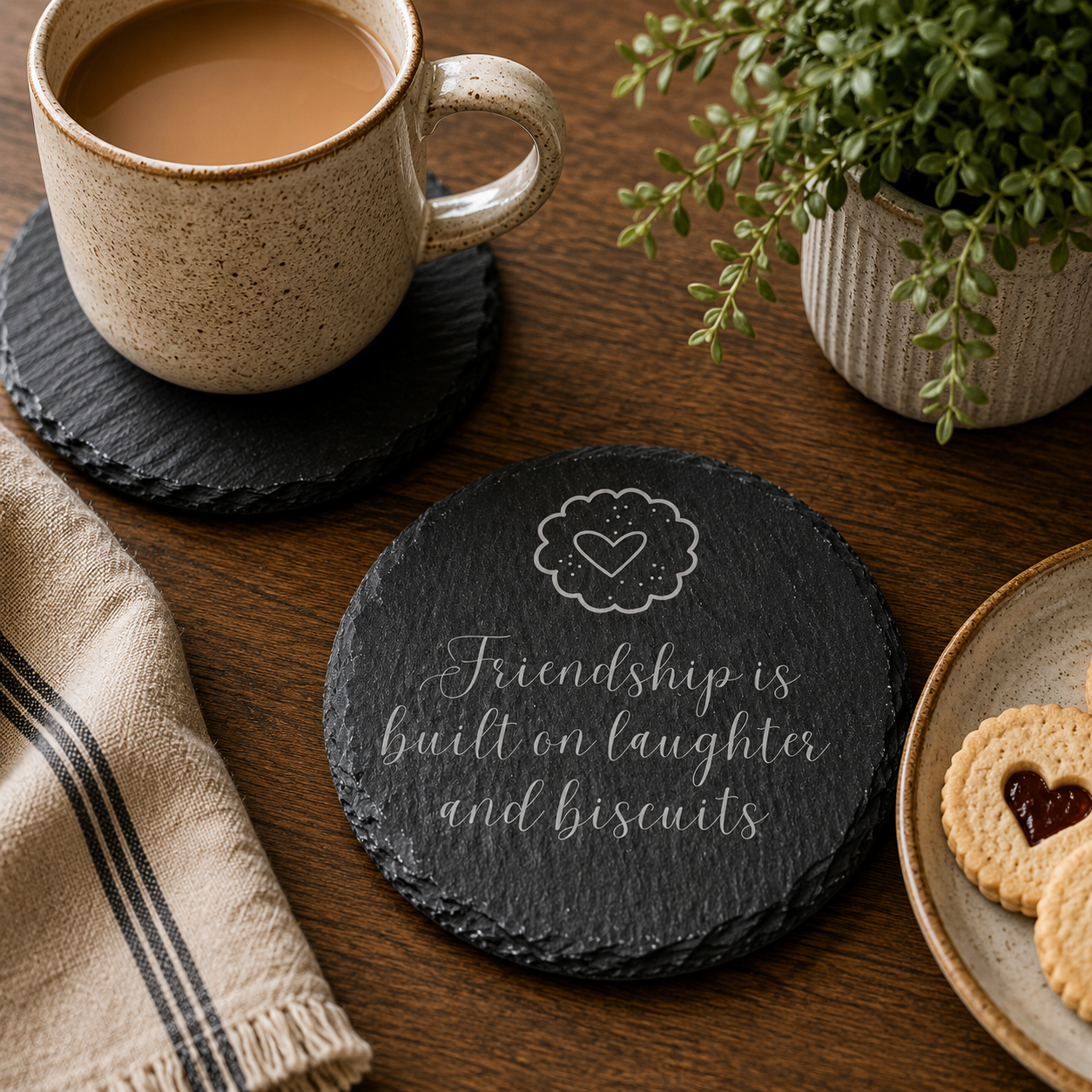 Round slate coaster with 'friendship is build on laughter and biscuits' quote, next to cookies and plant on wooden table