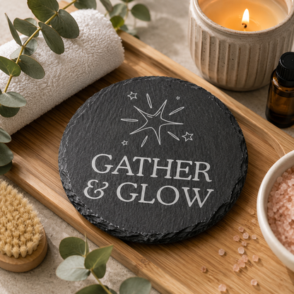 Round slate coaster with 'Gather & Glow' text on a wooden tray with candles and plants.