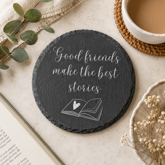 Round slate coaster with 'Good friends make the best stories' text on a table with a cup of coffee and book.