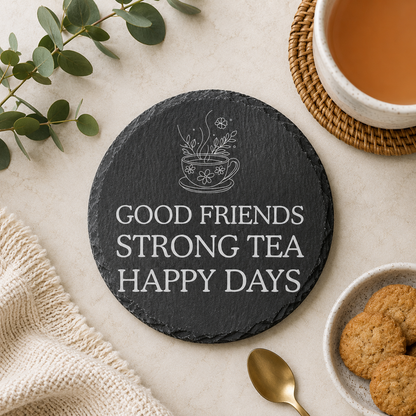 Round slate coaster with 'Good friends, strong tea, happy days' text on a table with tea and cookies.