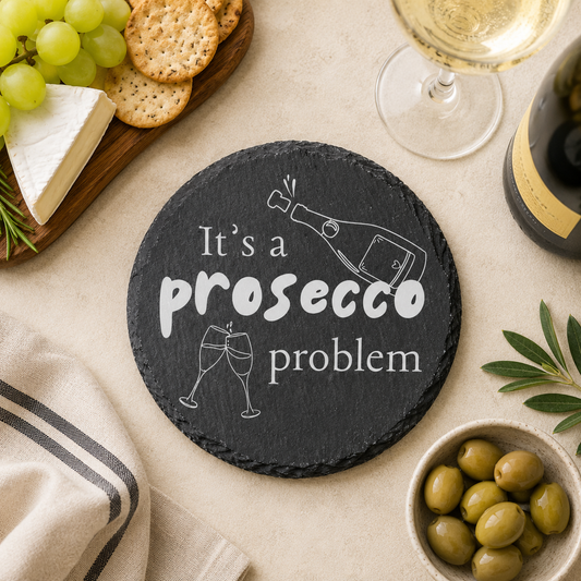 Round slate coaster with 'It's a prosecco problem' text on a table with wine, cheese, and snacks.