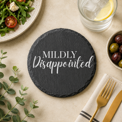 Round slate coaster with 'Mildly Disappointed' text on a dining table with salad, water, and olives.