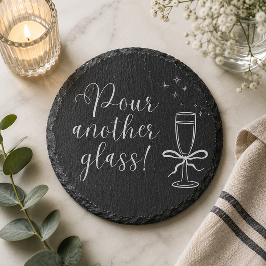 Round slate coaster with 'Pour another glass!' text and champagne glass illustration on a marble surface with candles and flowers.