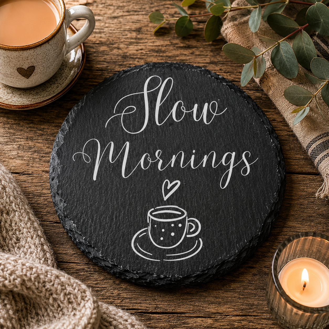 Round slate coaster with 'Slow Mornings' text and a cup illustration on a wooden surface with a mug and candle.