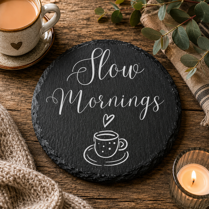 Round slate coaster with 'Slow Mornings' text and a cup illustration on a wooden surface with a mug and candle.