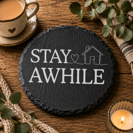 Round slate coaster with 'Stay Awhile' text on a wooden table with a cup of tea and candle.