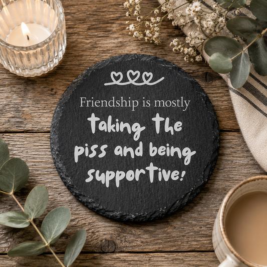 Round slate coaster with humorous friendship quote on a wooden table with a candle and mug.