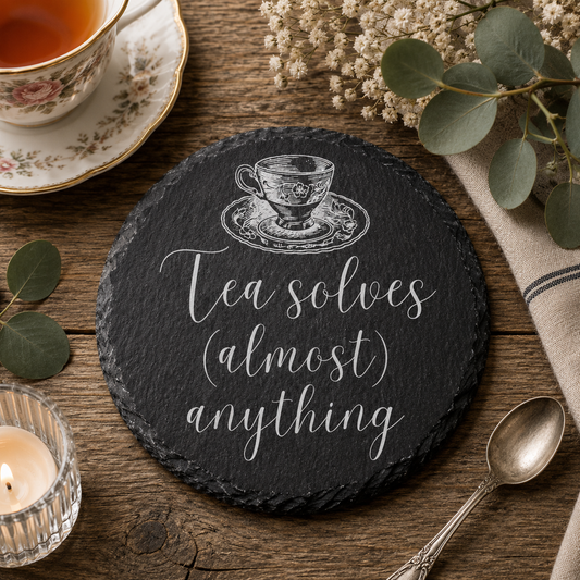 Round slate coaster with tea-themed quote on a wooden table with tea cup, saucer, and candle.
