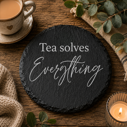 Round slate coaster with 'Tea solves Everything' text, cup of tea, candle, and greenery on wooden surface