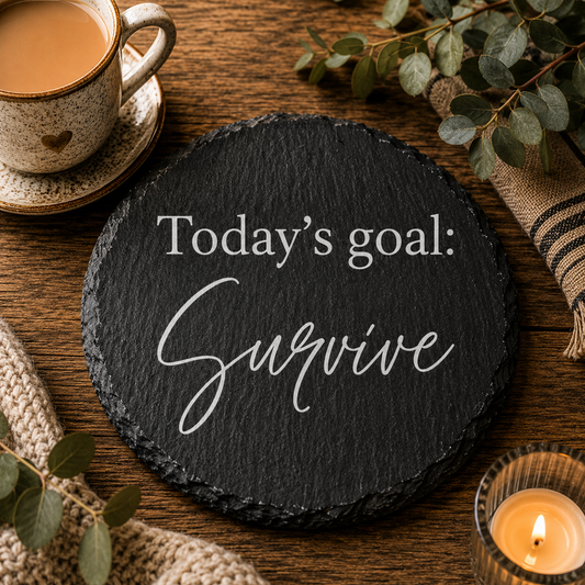 Round slate coaster with 'Today's goal: Survive' text on a wooden table with a cup of coffee and decorative elements.
