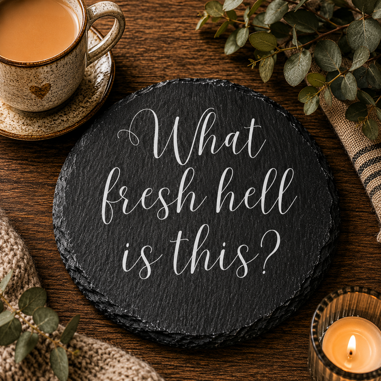 Round slate coaster with humorous text on a wooden table with a cup of tea and candle.