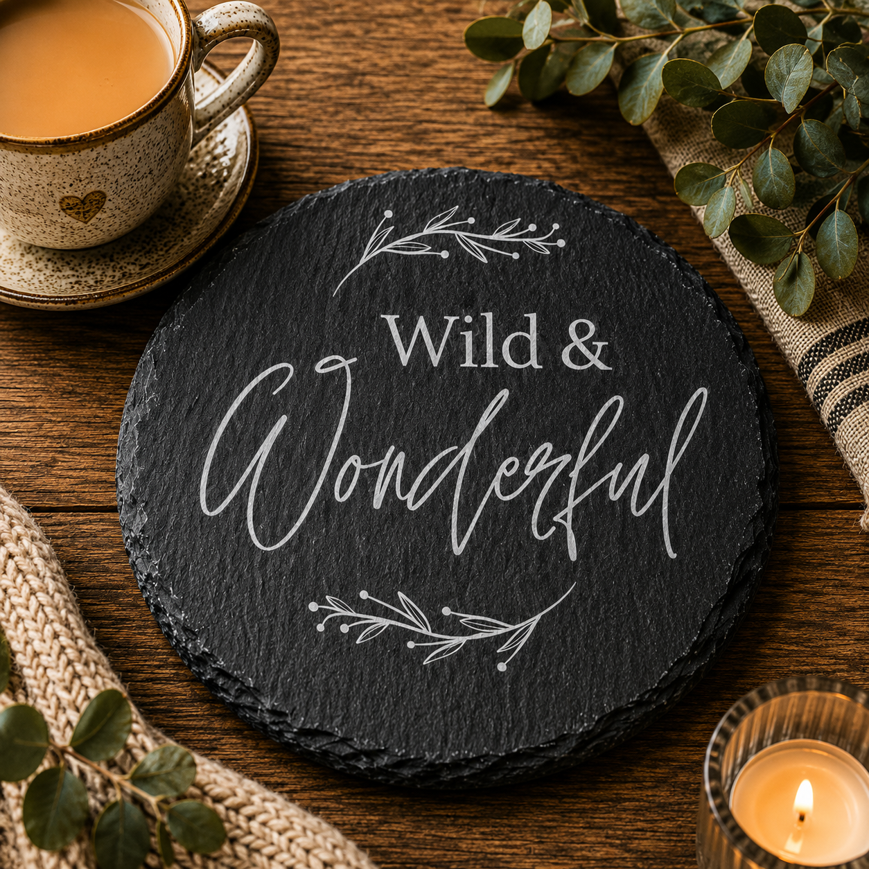 Round slate coaster with 'Wild & Wonderful' text on a wooden table with a cup of tea and candle.