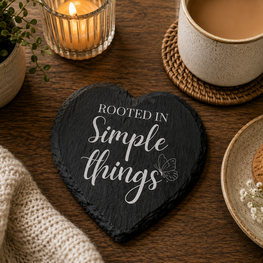 Heart-shaped slate coaster with 'Rooted in Simple Things' text on a wooden table with a cup of coffee, candle, and cookies.