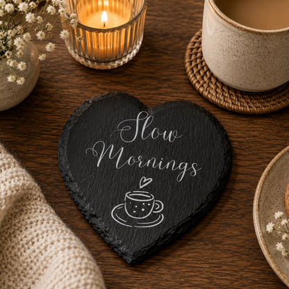 Heart-shaped slate coaster with 'Slow Mornings' text on a wooden table with coffee and flowers.