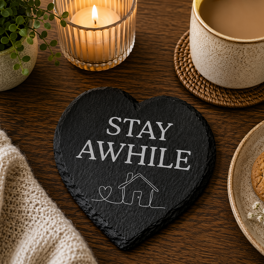 Heart-shaped slate coaster with 'Stay Awhile' text on a wooden table with a cup of coffee, candle, and plant.