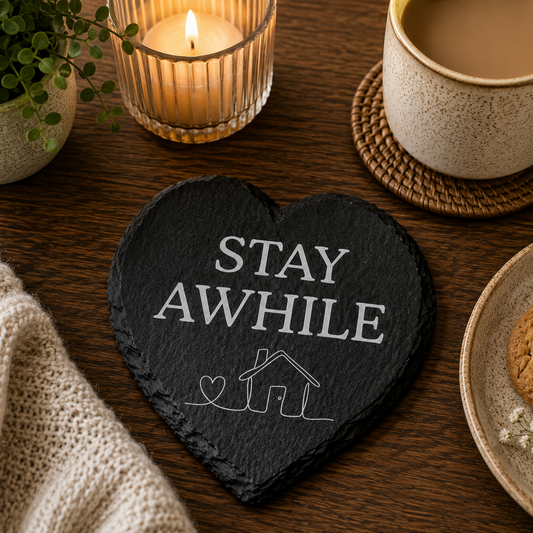 Heart-shaped slate coaster with 'Stay Awhile' text on a wooden table with a cup of coffee, candle, and plant.