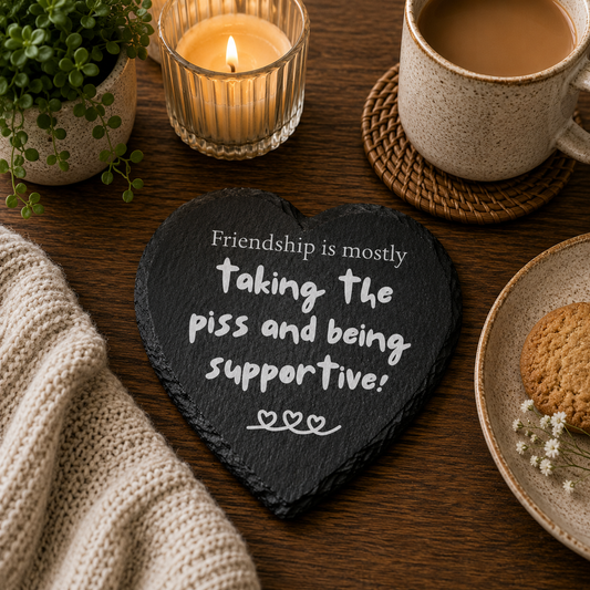 Heart-shaped slate coaster with a humorous quote about friendship, placed on a wooden table with a cup of coffee, candle, and cookies.