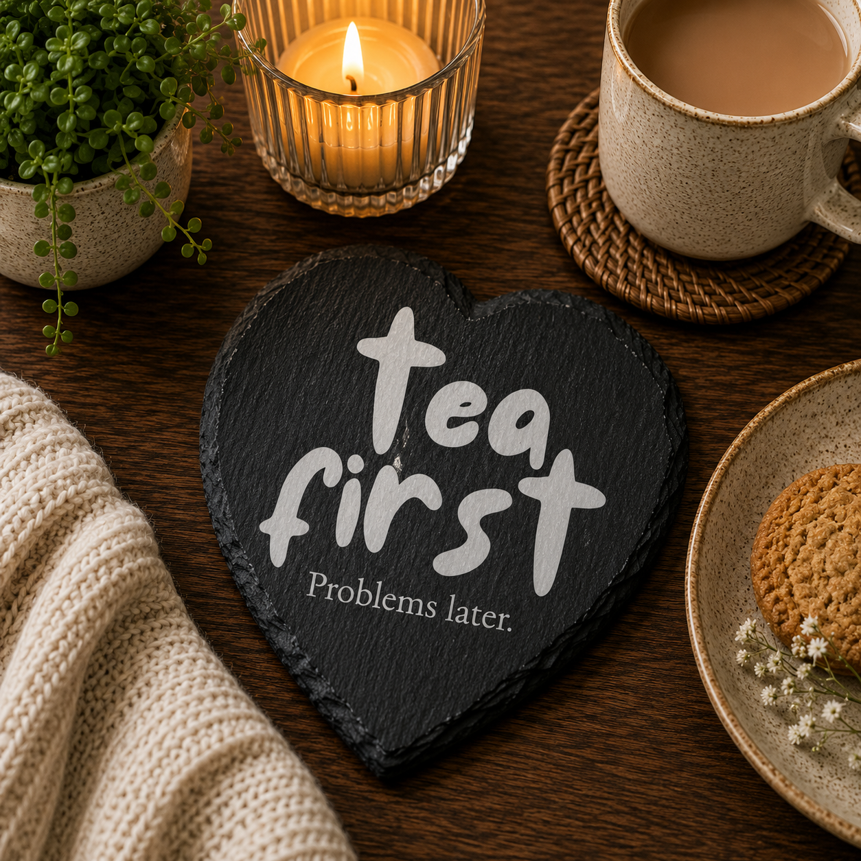Heart-shaped slate coaster with 'Tea first, Problems later' text on a table with tea and snacks.