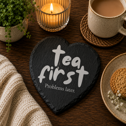 Heart-shaped slate coaster with 'Tea first, Problems later' text on a table with tea and snacks.