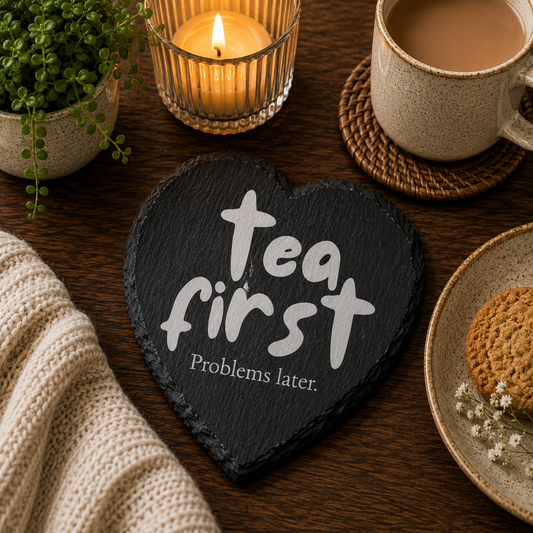 Heart-shaped slate coaster with 'Tea first, Problems later' text on a table with tea and snacks.