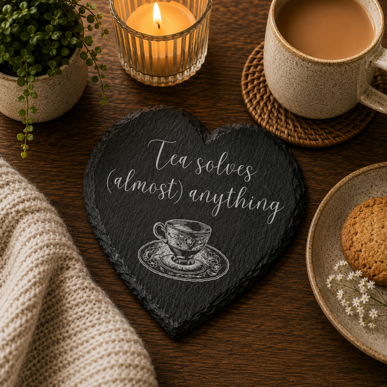 Heart-shaped slate coaster with 'Tea solves (almost) anything' quote on a table with tea cup, cookies, and candle.