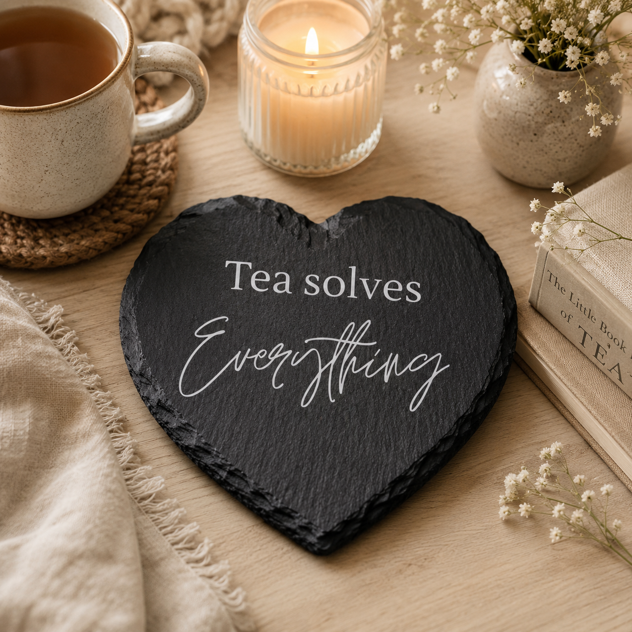 Heart-shaped slate coaster with 'Tea solves Everything' text, mug, candle, and flowers on a wooden surface.