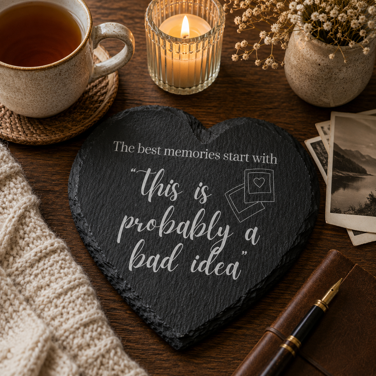 Heart-shaped slate coaster with humorous quote, mug with tea, candle, and photos on a wooden table.