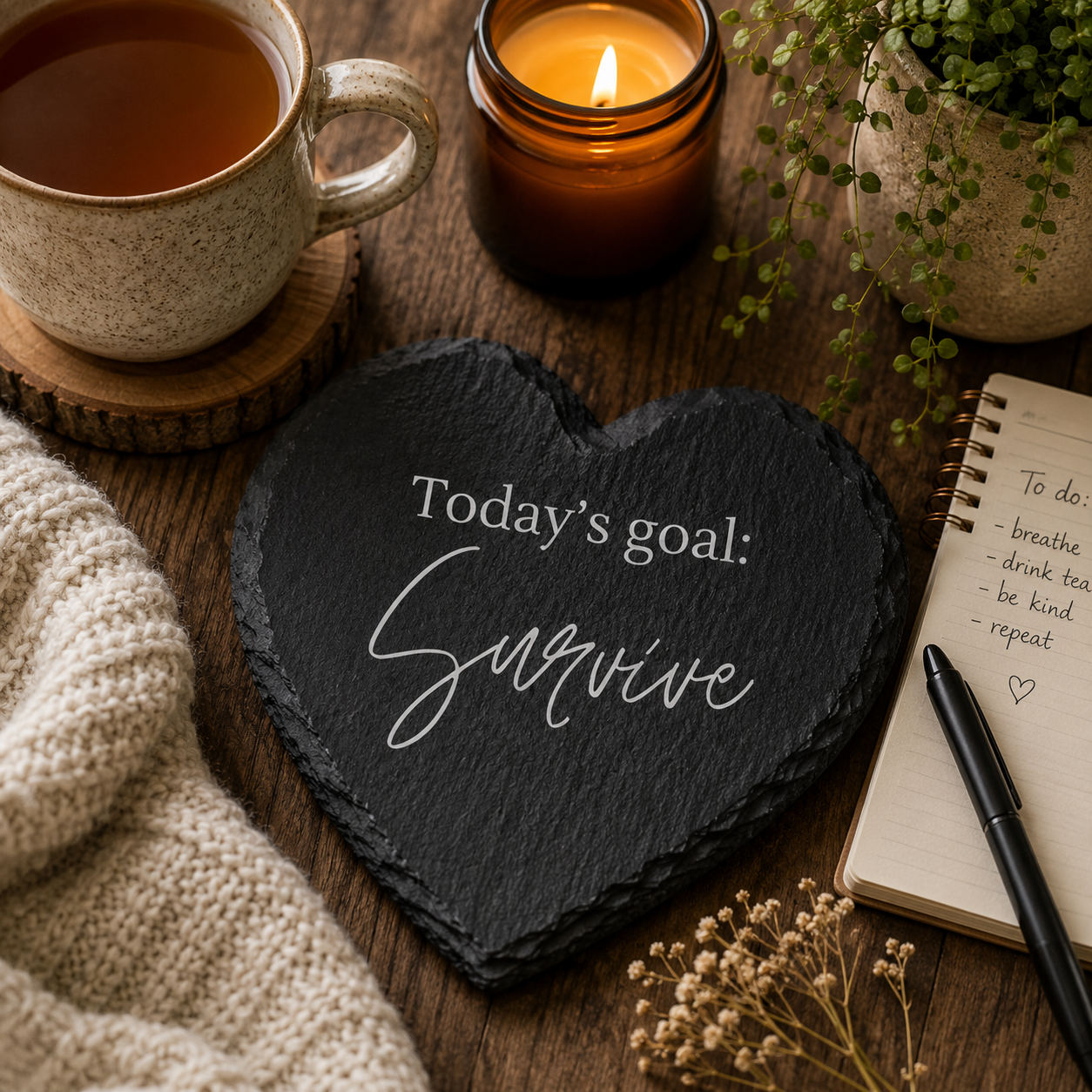 Heart-shaped slate coaster with 'Today's goal: Survive' text on a wooden table with a cup of tea, candle, and notebook.