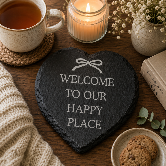Heart-shaped slate coaster with 'Welcome to our happy place' text, cup of tea, candle, and cookies on a wooden table.