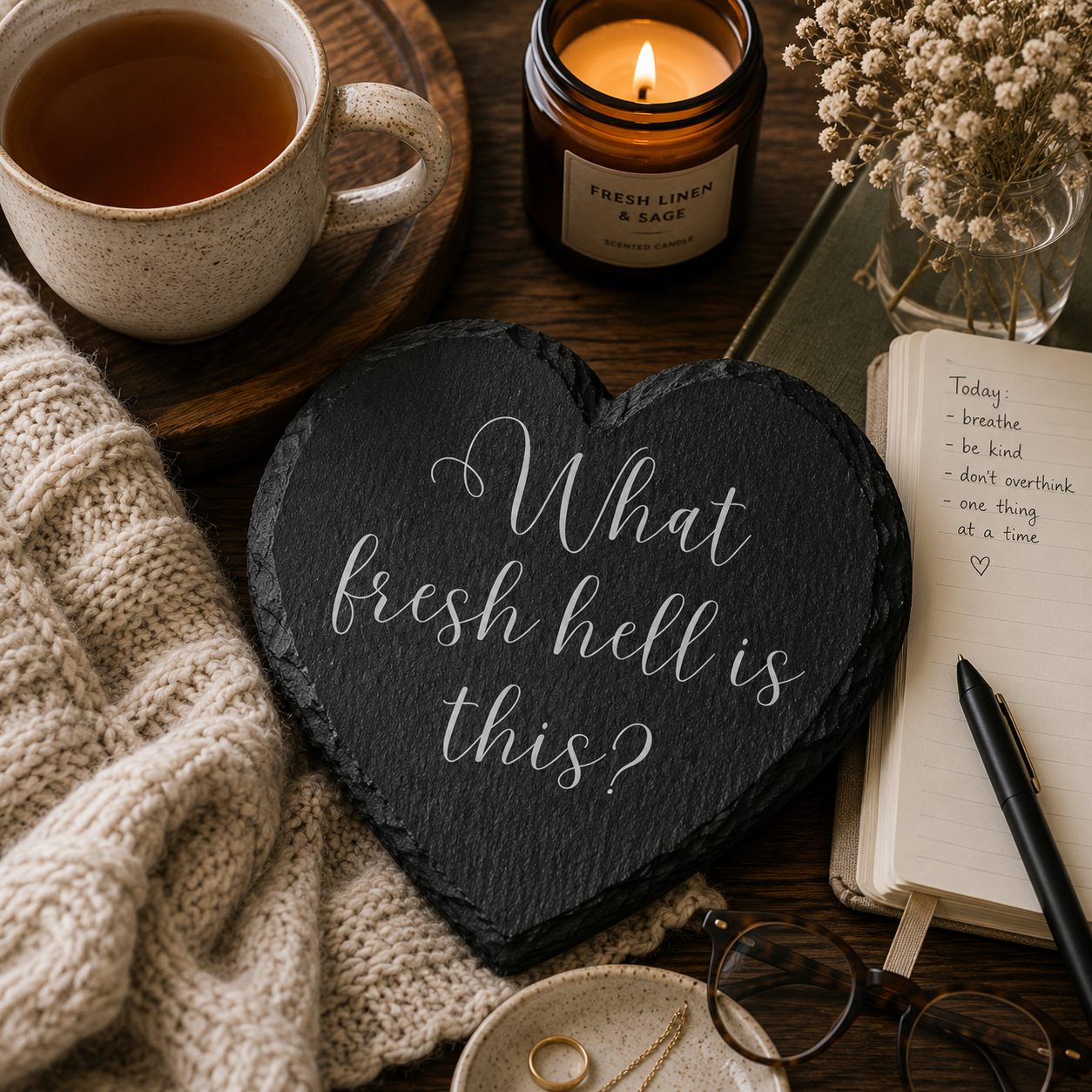 Heart-shaped slate coaster with 'What fresh hell is this?' text, cup of tea, candle, notebook, and glasses on a wooden surface.