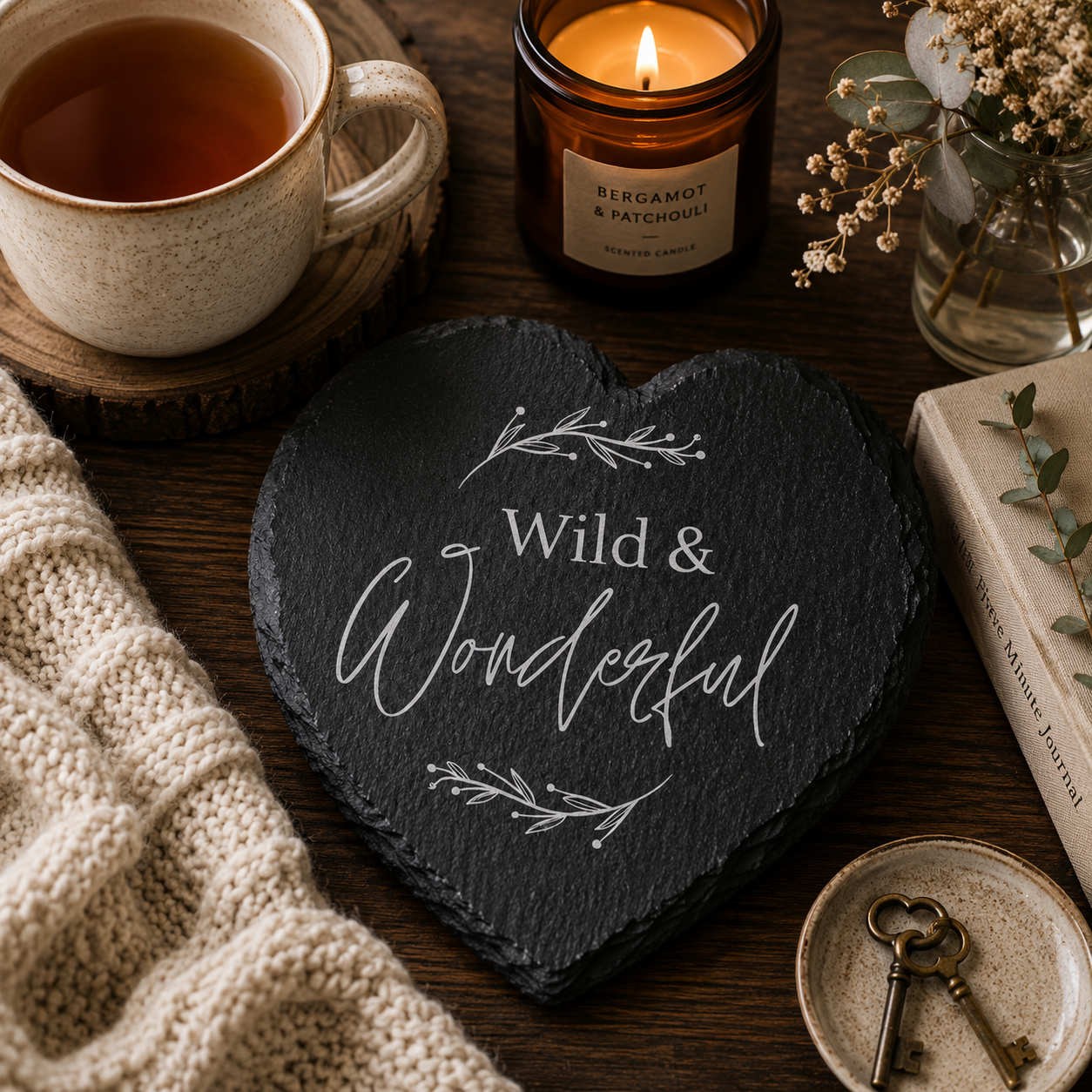 Heart-shaped slate coaster with 'Wild & Wonderful' text, cup of tea, lit candle, and keys on a wooden surface.