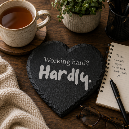 Heart-shaped slate coaster with 'Working hard? Hardly.' text on a wooden desk with a cup of tea, plant, and notebook.